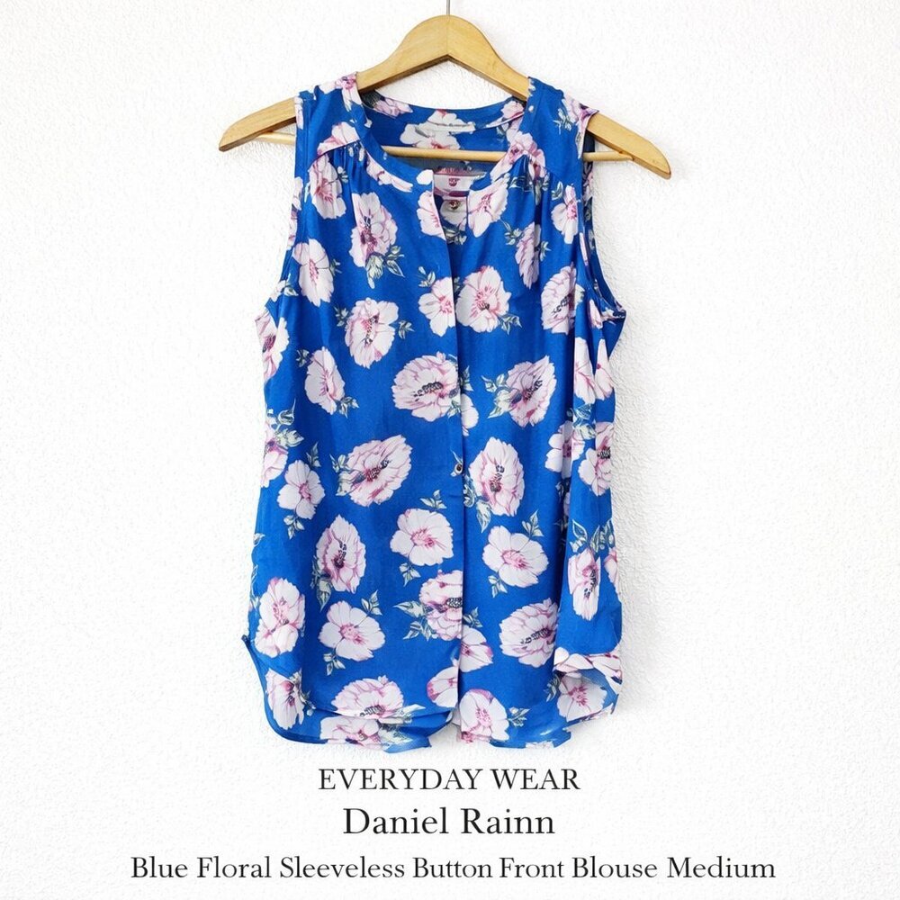 Daniel Rainn Blue Floral Sleeveless Blouse Button Front Top Women’s Medium